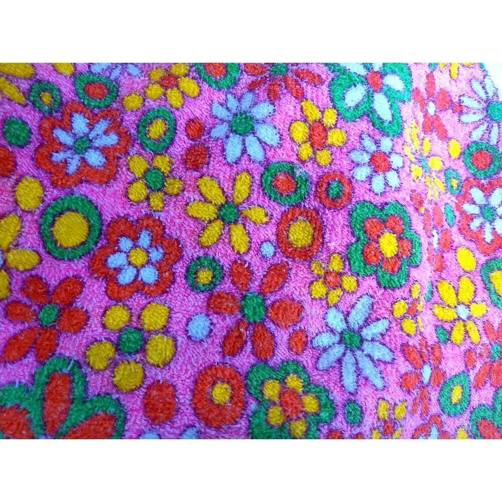 Vtg 70s Terry Cloth Fabric Pink Yellow Psychedelic Flower Power 2.5 Yds READ